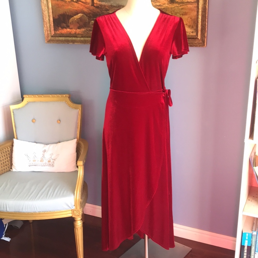 BHLDN red velvet short sleeves asymmetric wrap dress witchy goth fairy holidays - Picture 10 of 15